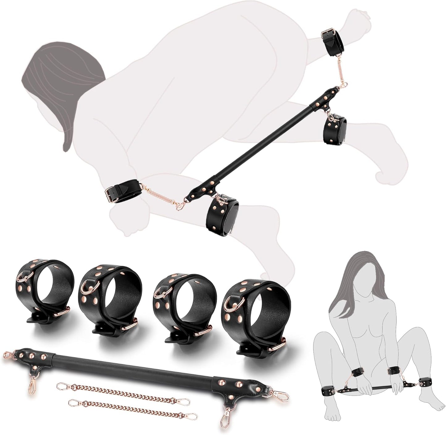 BDSM Spreader Bar Adult Sex Toys with Handcuffs and Ankle Cuffs Bondage Kits Adjustable Handcuffs Restraints Set for Adult Couples Sex Toy - SinfulX - 