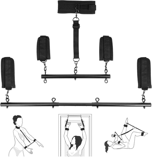 Restraint Bondage BDSM Sex Toys - Adjustable Spreader Bar Bondages with Soft Feather Handcuffs & Ankle Cuffs, Adult Toys Fetish Expandable SM Kits for Couples & Sm(Deep Black) - SinfulX - 