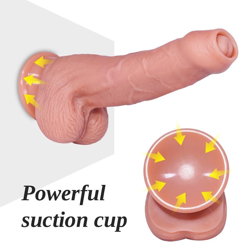 8 Inch Realistic Foreskin Dildo, Big Silicone Uncut Dildo with Balls and Veins, with Suction Cup,Cute Dildos for Beginners, Prostate G - Spot Stimulator, Vaginal Small Anal Dildos - SinfulX - 