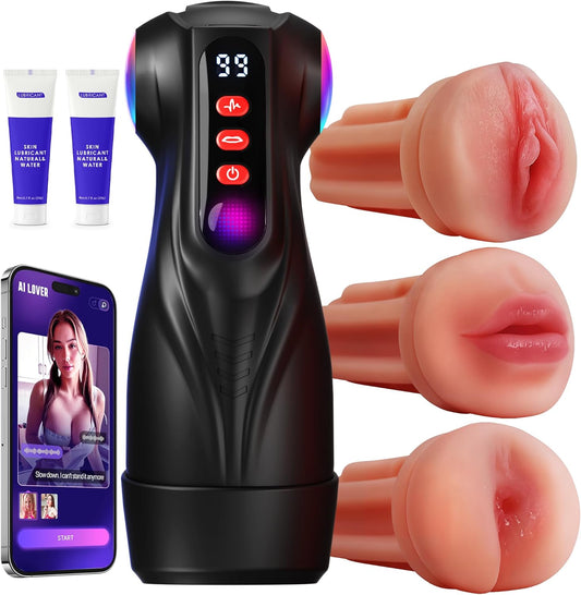 Mens Sex Toy Adult Toys - 3 Sleeves Sets AI Sync APP Male Masturbator Sex Toys for Men with 9 Sucking & 9 Vibrating, Pocket Pussy Penis Pump, Colorful Lighting Stroker Erotic Massage Kits - SinfulX - 