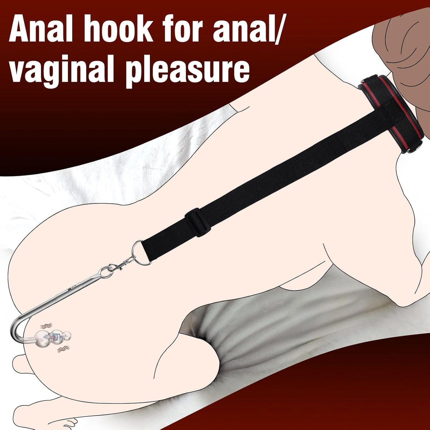 Vibrating Anal Hook BDSM Sex Bondage - Neck to Wrist Restraints Kit, Sex Toys for Couple Adjustable behind Back Handcuffs Bondage Restraints Set, Bed SM Adult Sex Game Play, Sex Toys for Beginner - SinfulX - 