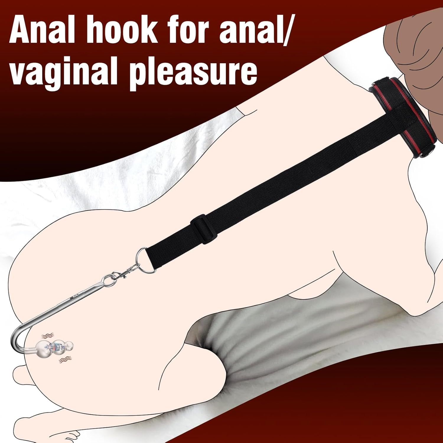 Vibrating Anal Hook BDSM Sex Bondage - Neck to Wrist Restraints Kit, Sex Toys for Couple Adjustable behind Back Handcuffs Bondage Restraints Set, Bed SM Adult Sex Game Play, Sex Toys for Beginner - SinfulX - 