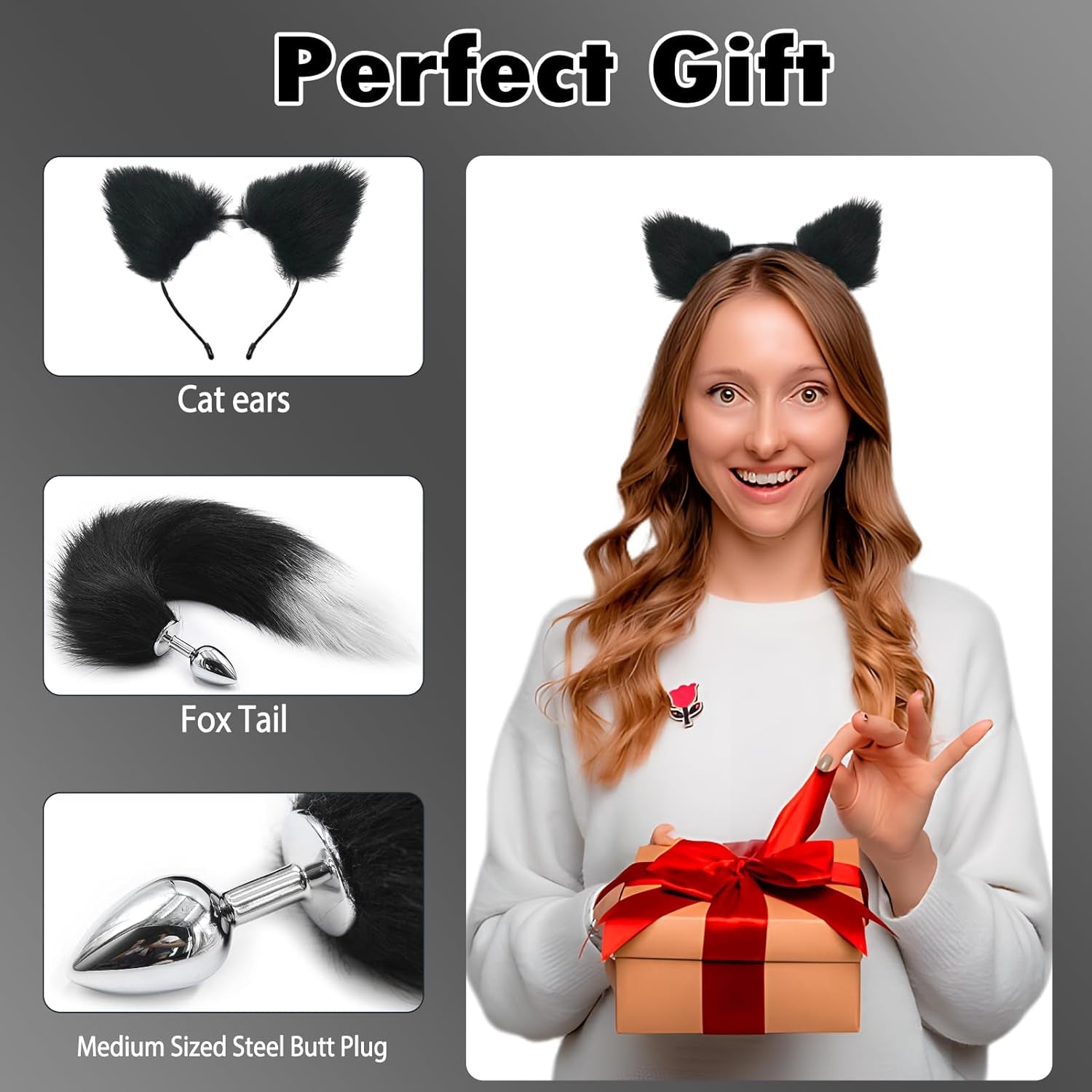 FrostTip Black White Fox Tail Steel Butt Plug 13" - SinfulX - 