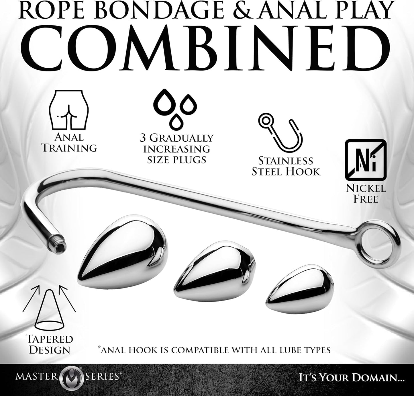 Anal Hook Trainer Anal Hook with 3 Plugs for Men, Women & Couples. Stainless Steel Hook, 3 Interchangeable Aluminum Alloy Plugs, Tapered for Easier Insertion. 4 Pieces, Grey - SinfulX - 