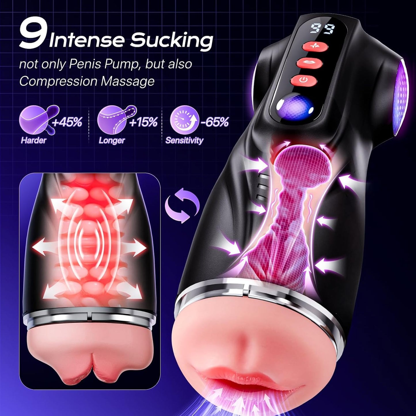 Male Masturbator Sex Toys for Men - AI Sync 3 Sleeves Mens Sex Toy Adult Toys with 9 Sucking & 9 Vibrating, Pocket Pussy Penis Pump Colorful Lighting Male Stroker Blowjob Erotic Massage Kits - SinfulX - 