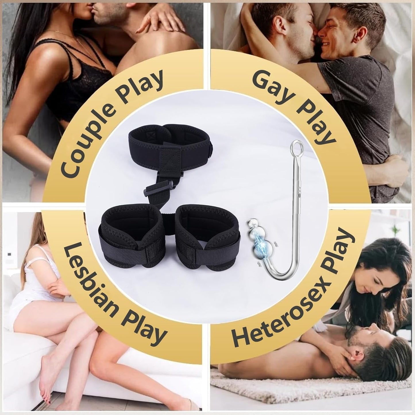 Vibrating Anal Hook BDSM Sex Bondage - Neck to Wrist Restraints Kit, Sex Toys for Couple Adjustable Back Handcuffs Bondage Restraints Set, Bed SM Adult Sex Game Play, Sex Toys for Beginner - SinfulX - 