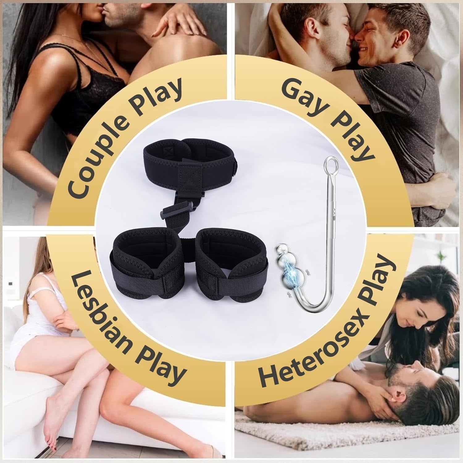 Vibrating Anal Hook BDSM Sex Bondage - Neck to Wrist Restraints Kit, Sex Toys for Couple Adjustable Back Handcuffs Bondage Restraints Set, Bed SM Adult Sex Game Play, Sex Toys for Beginner - SinfulX - 