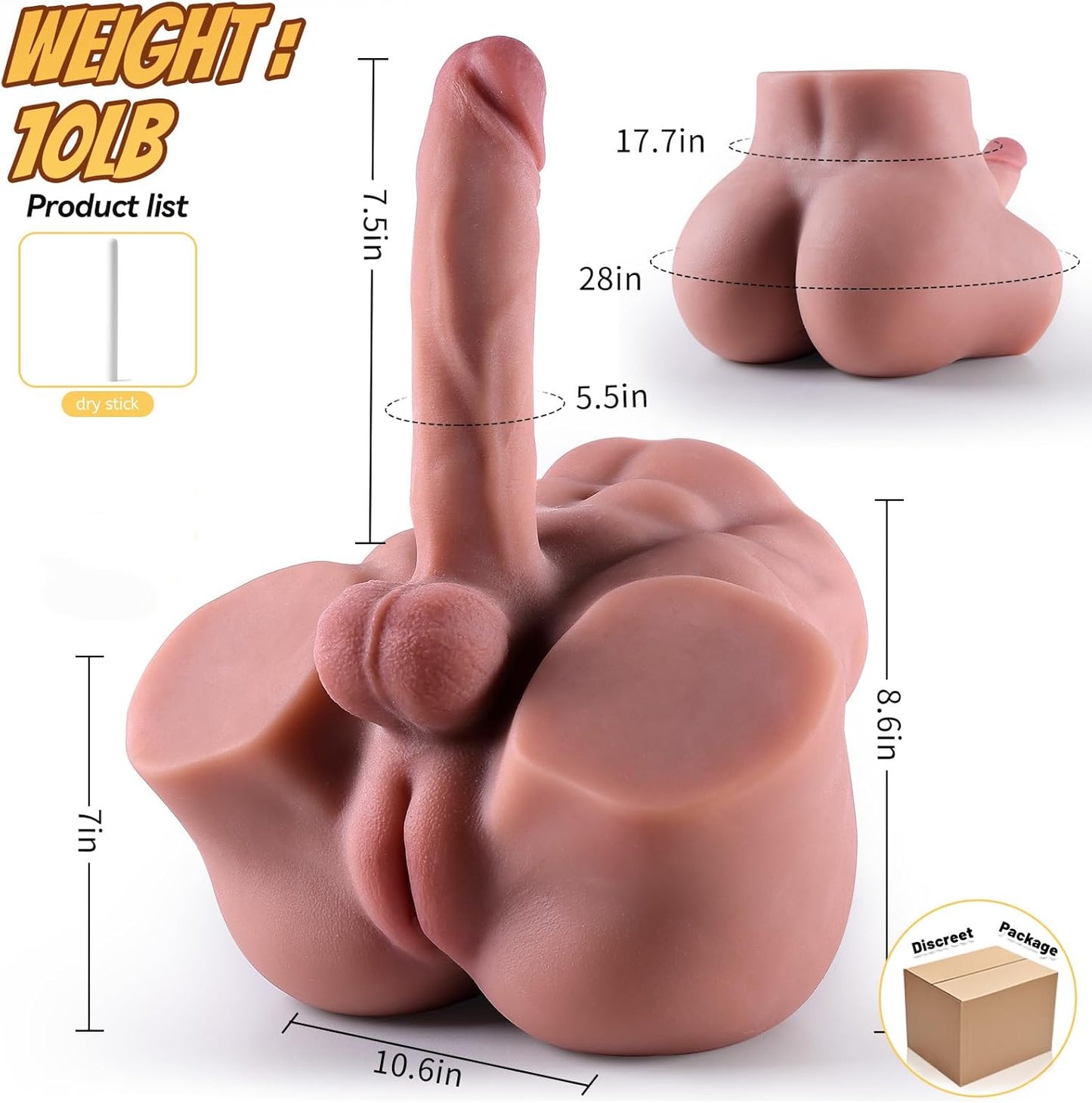 Shemale Sex Doll Butt with Huge Dildo 3D Pussy Ass, Male Sex Doll Torso with Bendable Cock Textured Vagina Anus Holes Adult Trans Sex Toys for Women Masturbation, Gay, and Couples - Wheat 3In1 - SinfulX - 