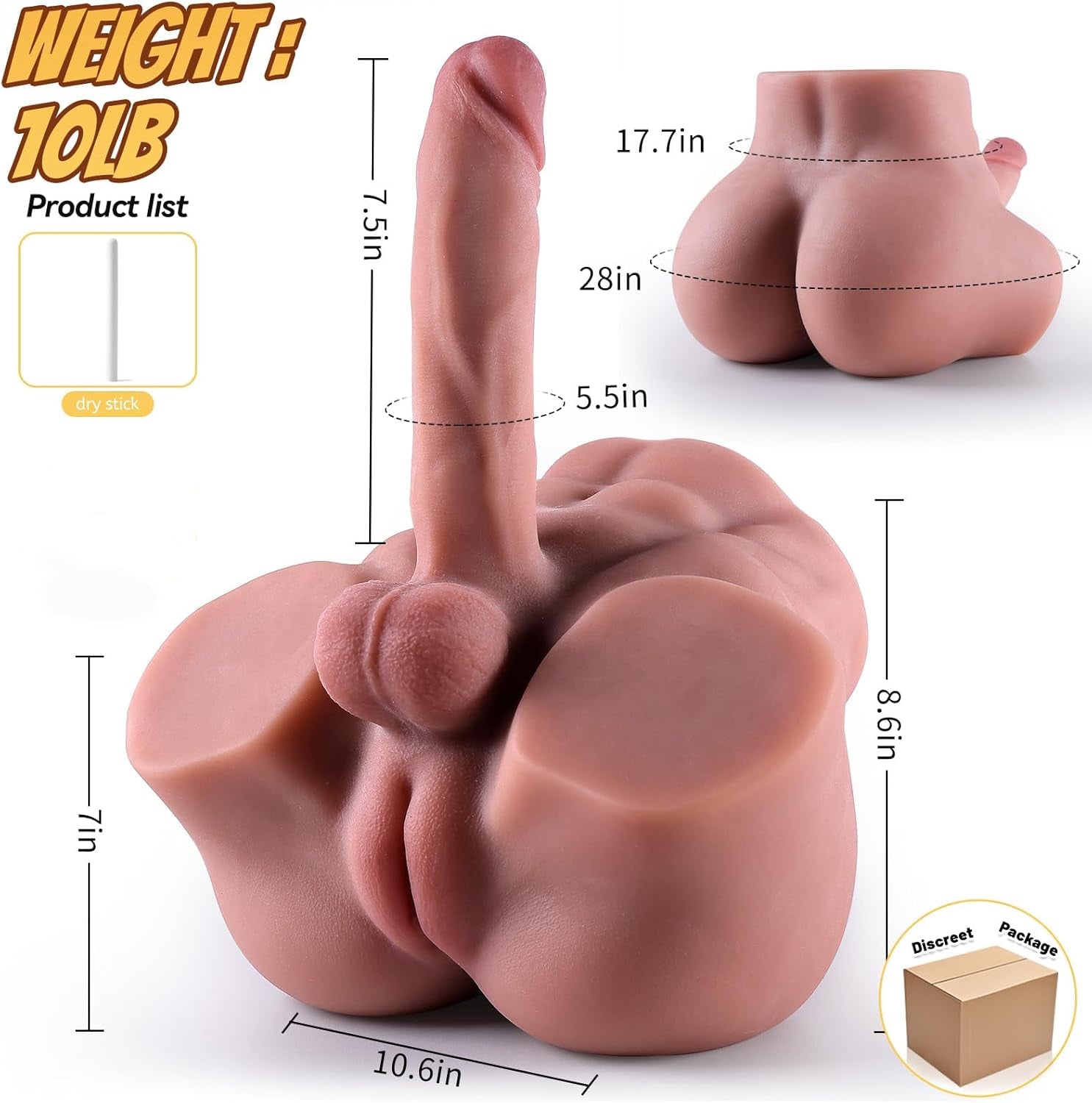 Shemale Sex Doll Butt with Huge Dildo 3D Pussy Ass, Male Sex Doll Torso with Bendable Cock Textured Vagina Anus Holes Adult Trans Sex Toys for Women Masturbation, Gay, and Couples - Wheat 3In1 - SinfulX - 