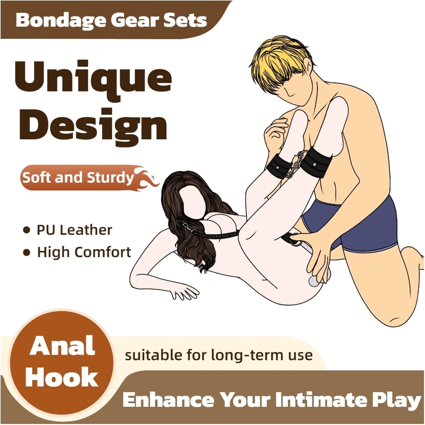 Anal Hook Sex Bondage Restraints Kit BDSM Sex Toys Handcuffs Neck Collar Wrist Cuffs with Traction Chain Adjustable Sex Game for Adults Couples - SinfulX - 
