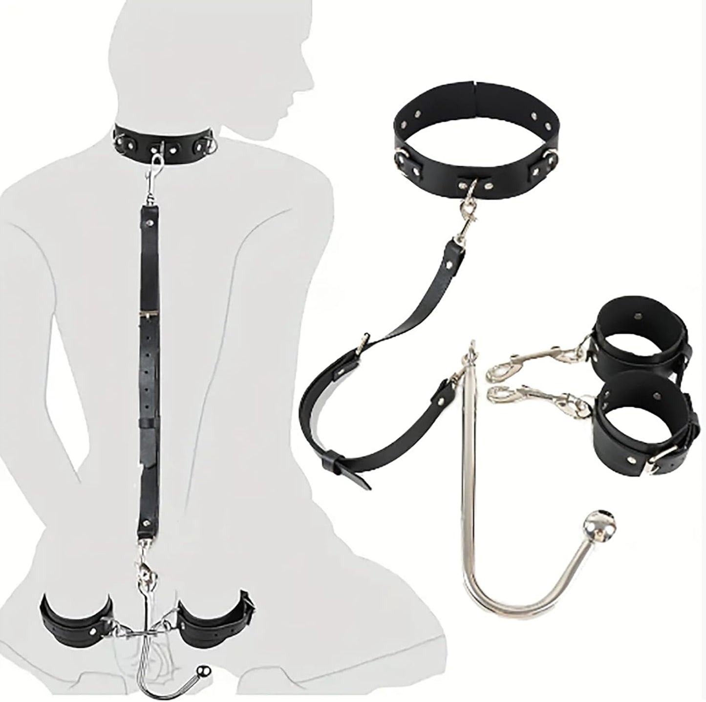 BDSM Anal Hooks Kit Adult Sex Toys Slave Restraints Set with Handcuffs Leash Collar Fetish Sex Bondage Roleplay SM Game Bedroom for Couples Women Men - SinfulX - 