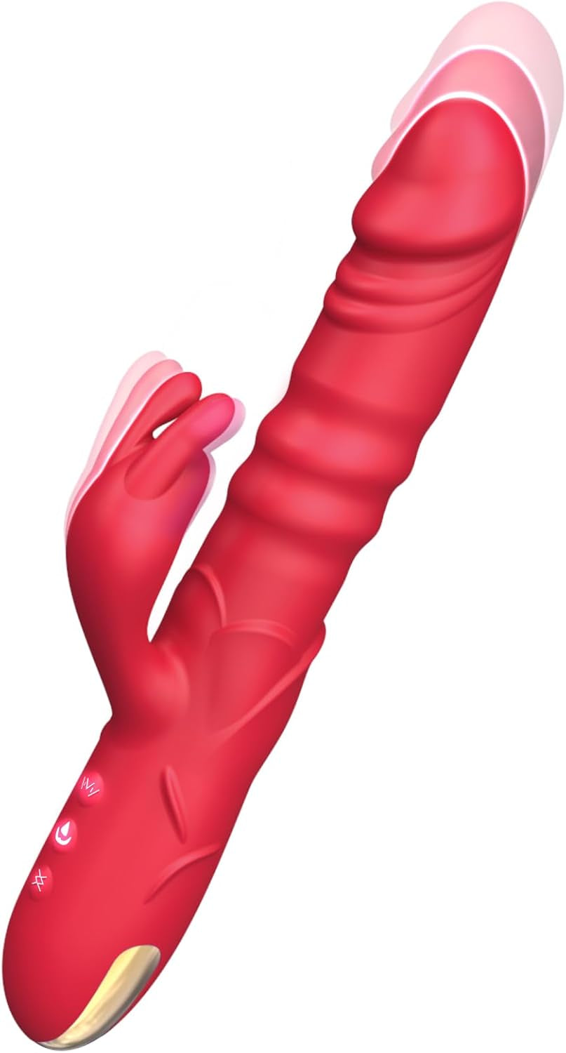 Thrusting Rabbit Vibrator Sex Toys, G Spot Clitoral Vibrator Waterproof & Rechargeable Realistic Silicone Dildo Vibrator with 3 Thrusting & 10 Vibrating Modes, Rose Sex Toys for Women