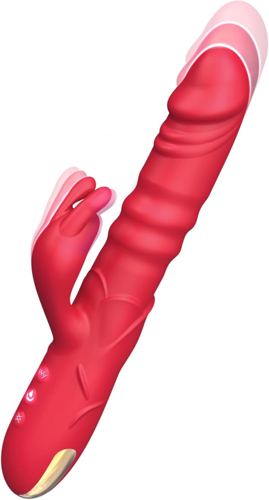 Thrusting Rabbit Vibrator Sex Toys, G Spot Clitoral Vibrator Waterproof & Rechargeable Realistic Silicone Dildo Vibrator with 3 Thrusting & 10 Vibrating Modes, Rose Sex Toys for Women