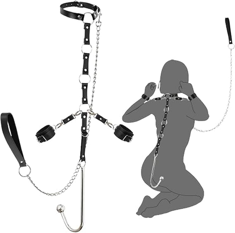 Anal Hook Harness Restraint Set with Collar, Anal Hook, Handcuffs & Towing Rope – Butt Plug Harness Kit for Couples Roleplay Christmas Party Bedroom Intimate Play Rave Games Night Club - SinfulX - 