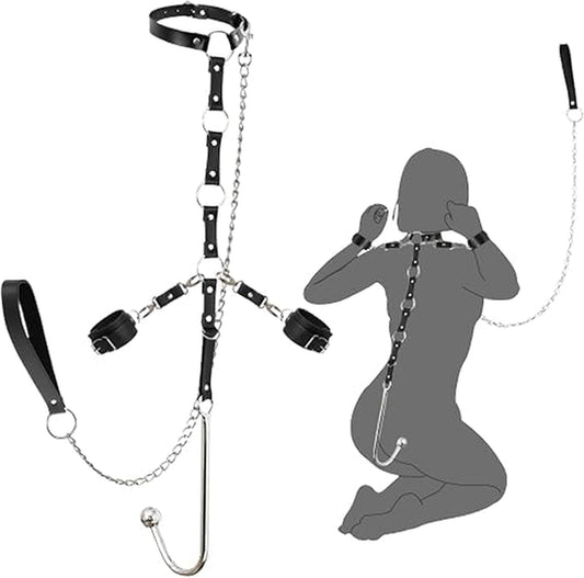 Anal Hook Harness Restraint Set with Collar, Anal Hook, Handcuffs & Towing Rope – Butt Plug Harness Kit for Couples Roleplay Christmas Party Bedroom Intimate Play Rave Games Night Club - SinfulX - 
