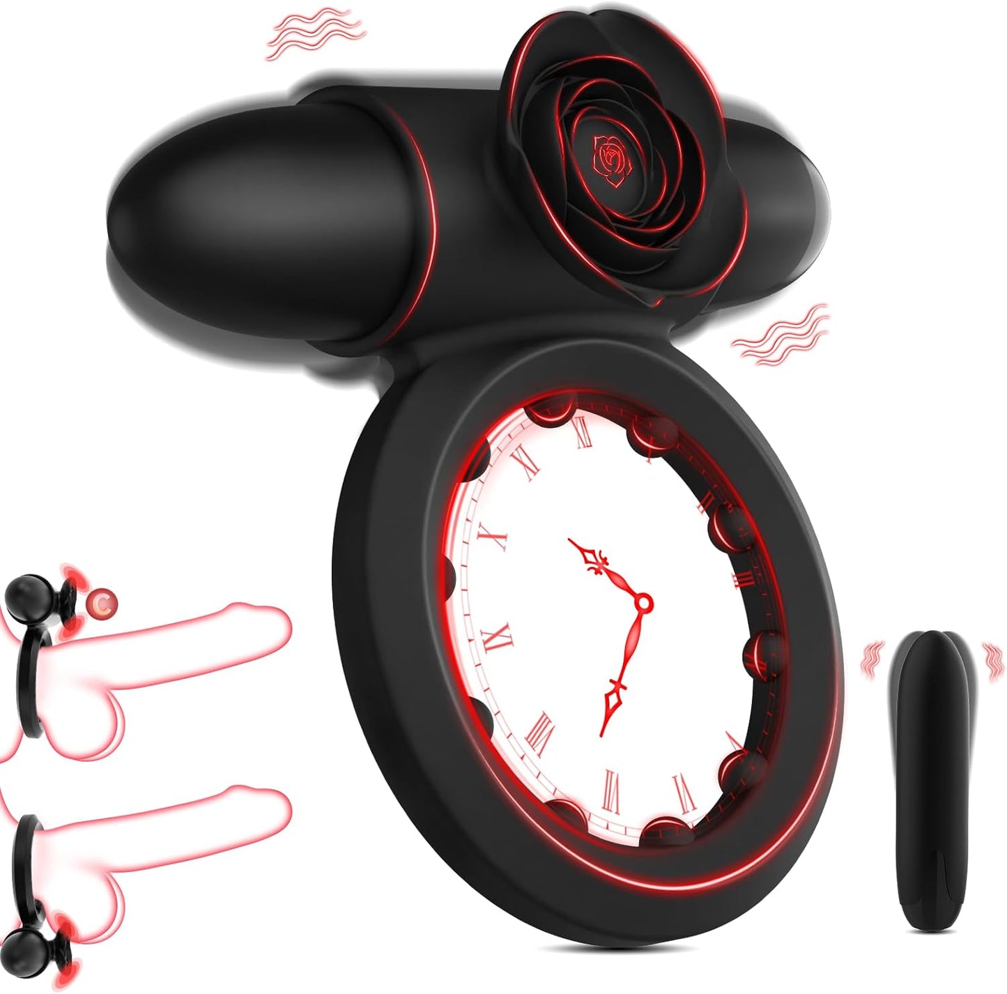Vibrating Cock Ring with Bullet Vibrator for Men,  Adult Sex Toys Penis Ring Vibrator for Penis Testicles Clitoris Stimulation, Rose Clitoral Stimulator for Couples Sex Toy, Black