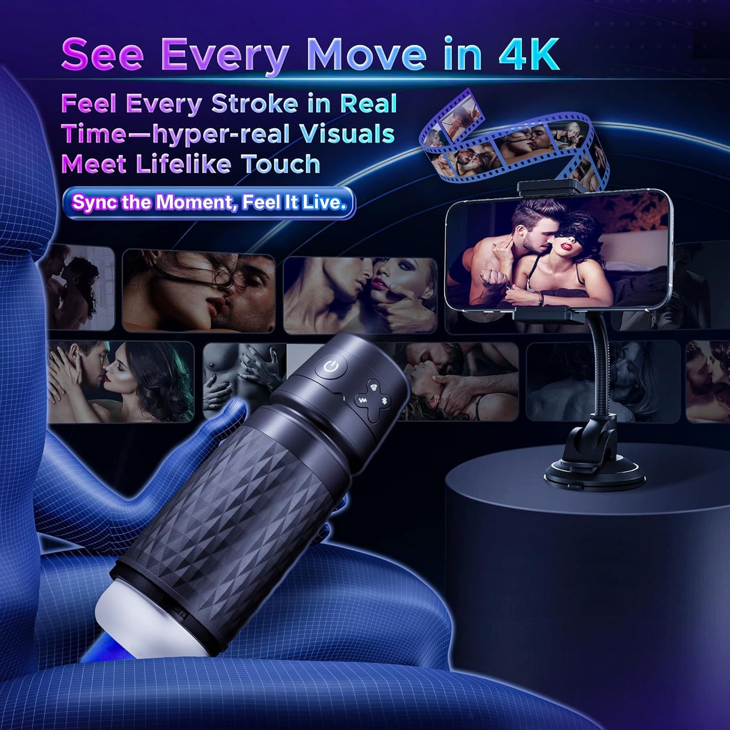 AI Powerd Video Sync Male Masturbator, Pocket Pussy Sex Toy for Men with 3 Suction & 4 Vibration Modes, Hands - Free Rechargeable Bluetooth Male Stroker Sex Machine, Realistic 3D Soft TPE Sleeve - SinfulX - 