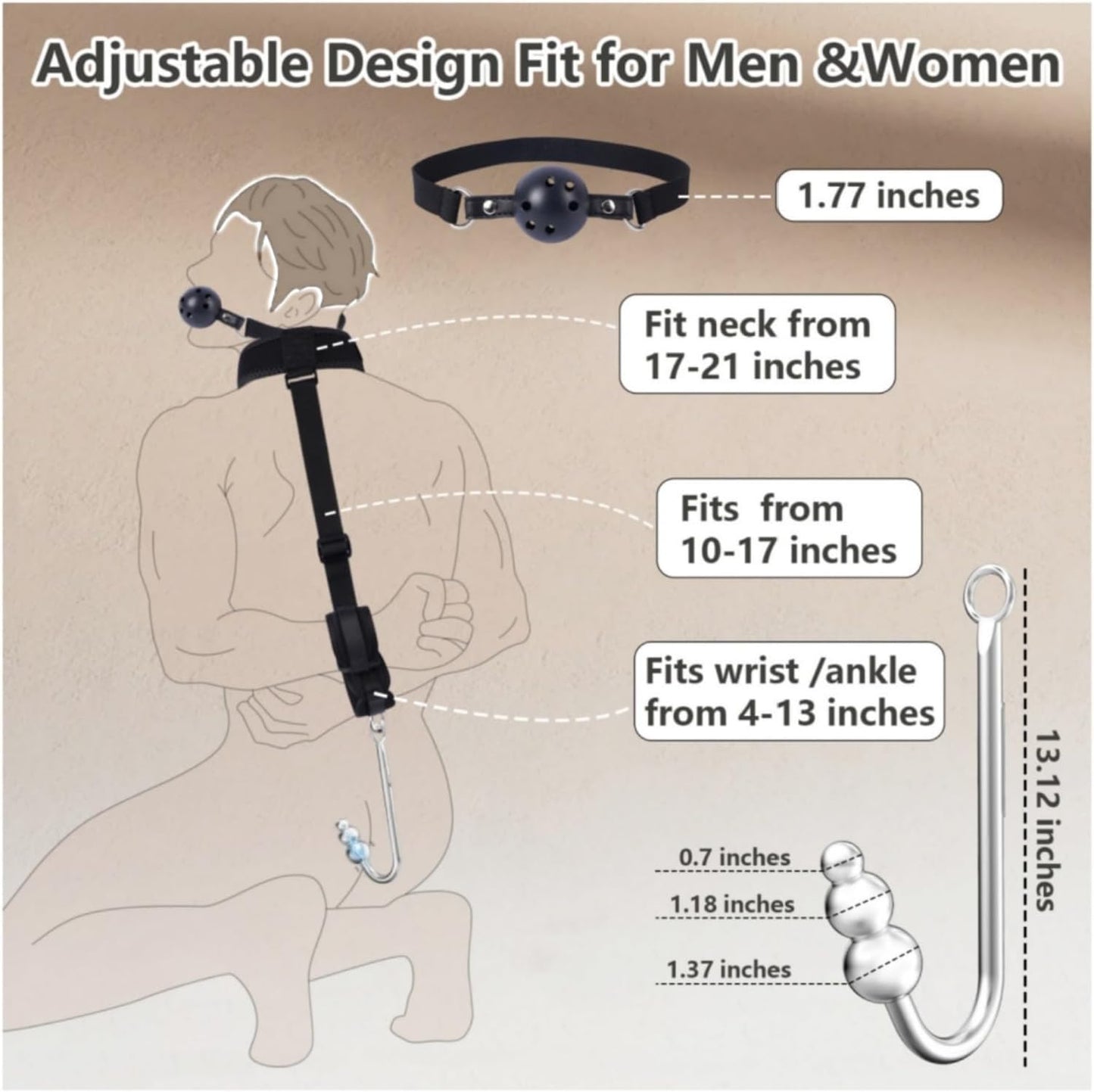 Vibrating Anal Hook BDSM Sex Bondage - Neck to Wrist Restraints Kit, Sex Toys for Couple Adjustable Back Handcuffs Bondage Restraints Set, Bed SM Adult Sex Game Play, Sex Toys for Beginner - SinfulX - 