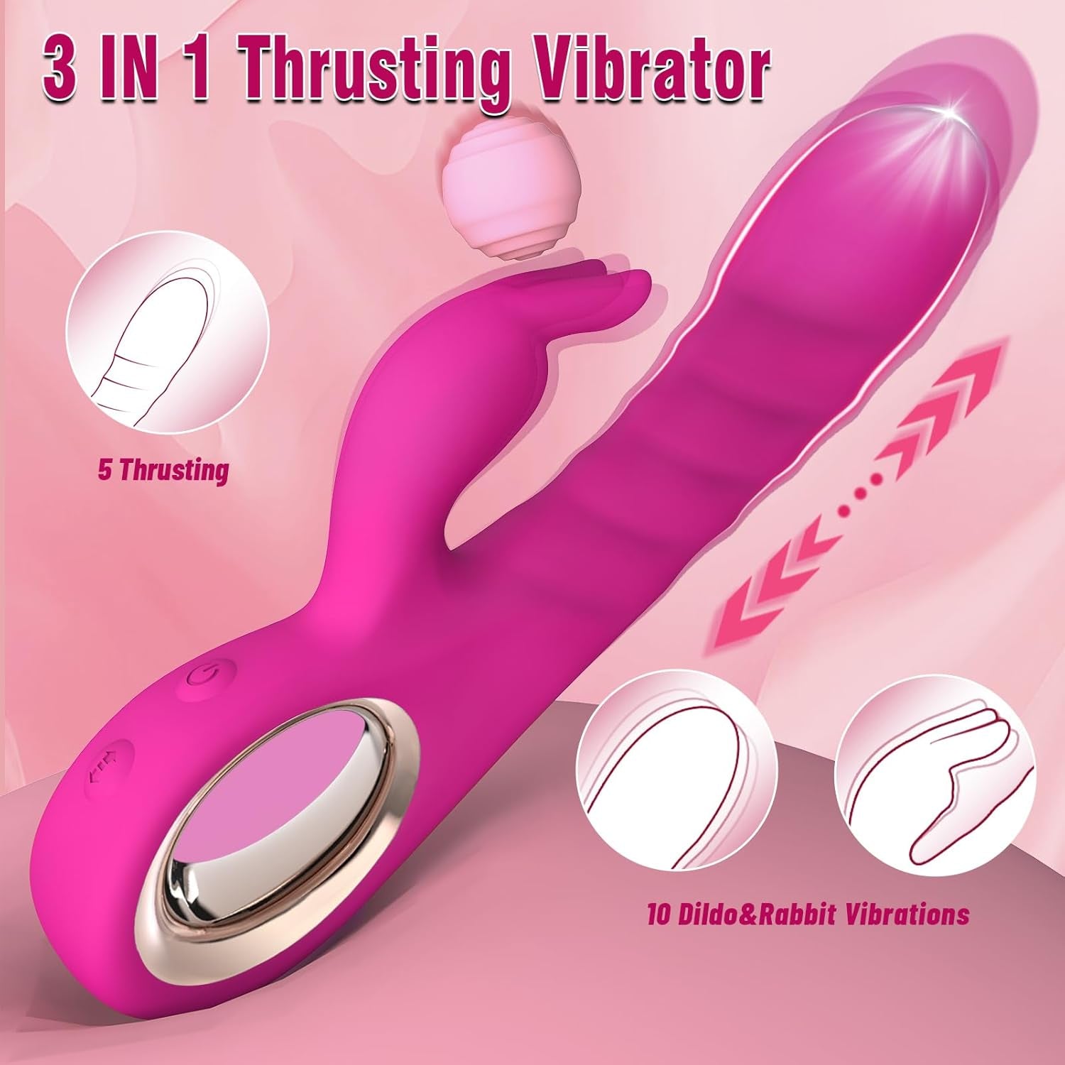 Thrusting Dildo Vibrator Adult Toys for Women - 3 in 1 Rabbit Vibrators Dildos with 5 Thrusting & 10 Vibration Modes, G Spot Vibrator Female Sex Toys Adult Toy for Womens or Couples Sex Toy