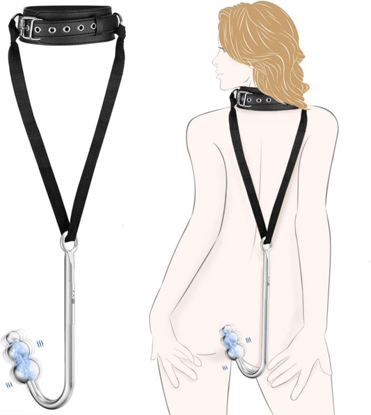 Vibrating Anal Hook Anal Plug, BDSM Anal Vibrator Sex Bondage Restraints Collar Traction Chain Anal Trainer with 9 Vibration Modes, SM Fetish Anal Sex Toys for Beginners Gay Women Couples - SinfulX - 