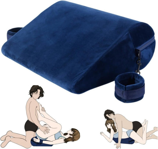 AzureBond Blue Foam Positioning Wedge Pillow with Handcuffs - SinfulX - Personal Care > Sexual Wellness > Sex Pillow