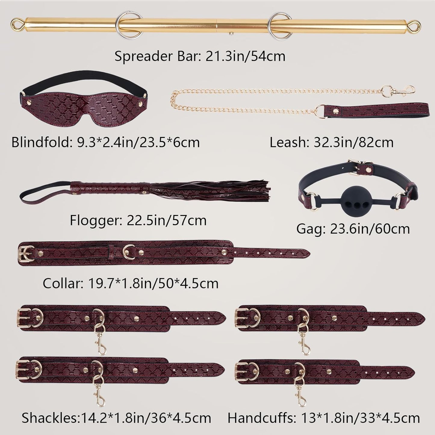 10PCS BDSM Kit Spreader Bar Sex Toys Furniture Restraints, Stunning Leather Bondage Set Handcuffs Ankle Cuffs for Couples Adult Sexual Games Play Kinky (Red, Adjustable) - SinfulX - 