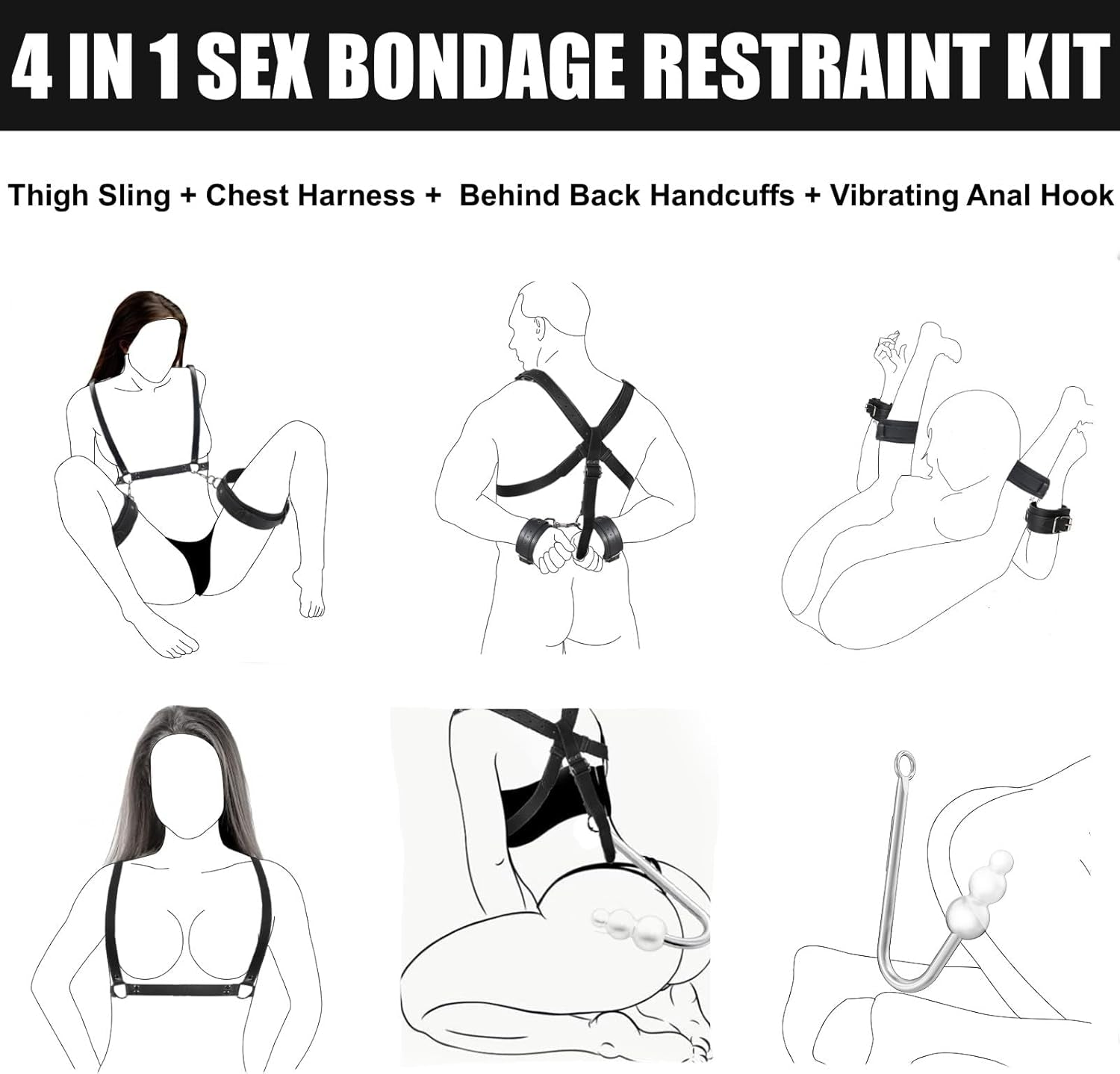 Vibrating Anal Hook BDSM Sex Bondage Restraints Kit, Thigh Sling Chest Harness behind Back Handcuffs, 3 Balls Anal Trainer with 9 Vibration Modes, SM Fetish Unisex Sex Toys for Couples - SinfulX - 