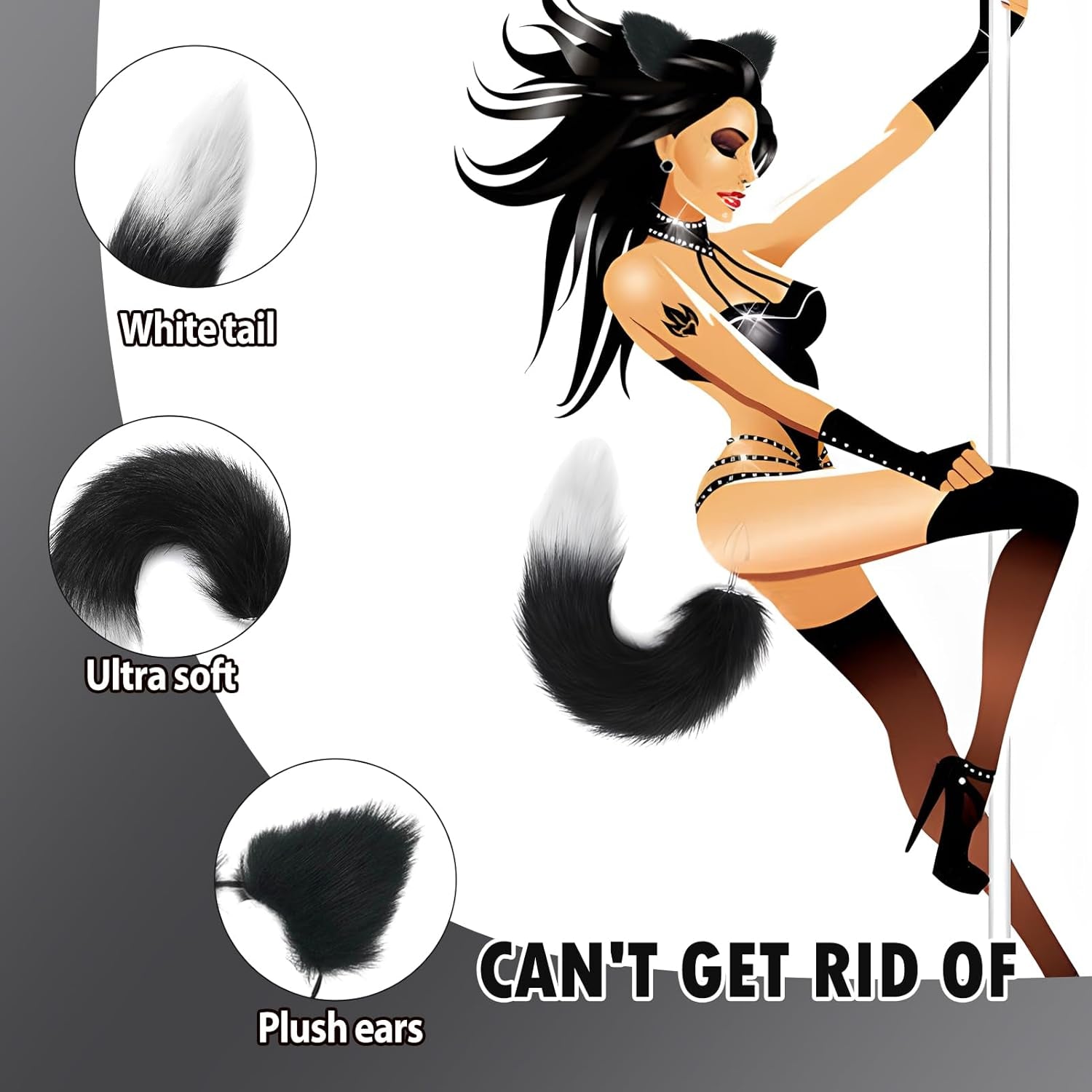 FrostTip Black White Fox Tail Steel Butt Plug 13" - SinfulX - 