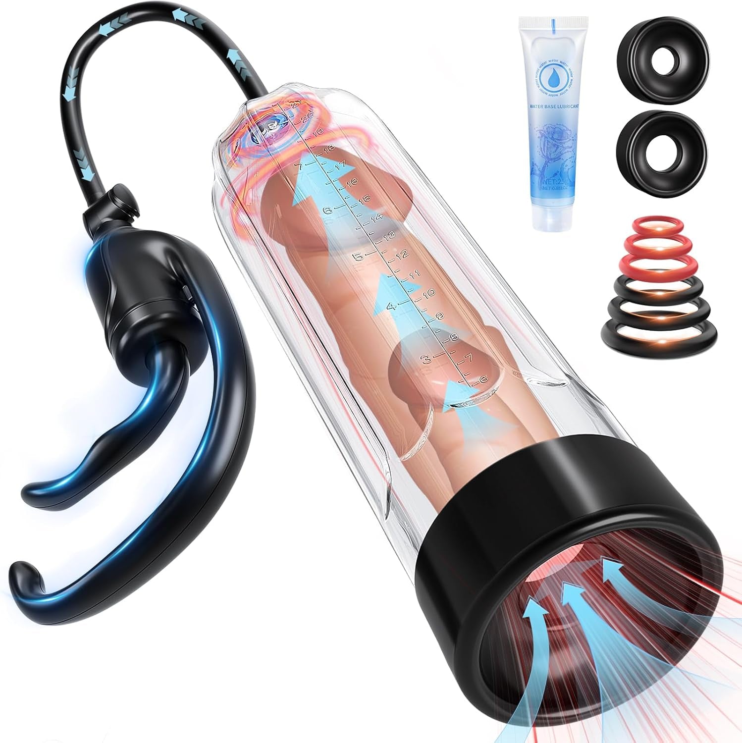 Penis Enlarge Vacuum Pump, Manual Pennis Extender Enlarger Enlargement Pump Air Pressure Device, Adult Male Sex Toys for Men Stronger Bigger Erections with 2 Suction Sleeve & 6 Penis Rings and Lube - SinfulX - 