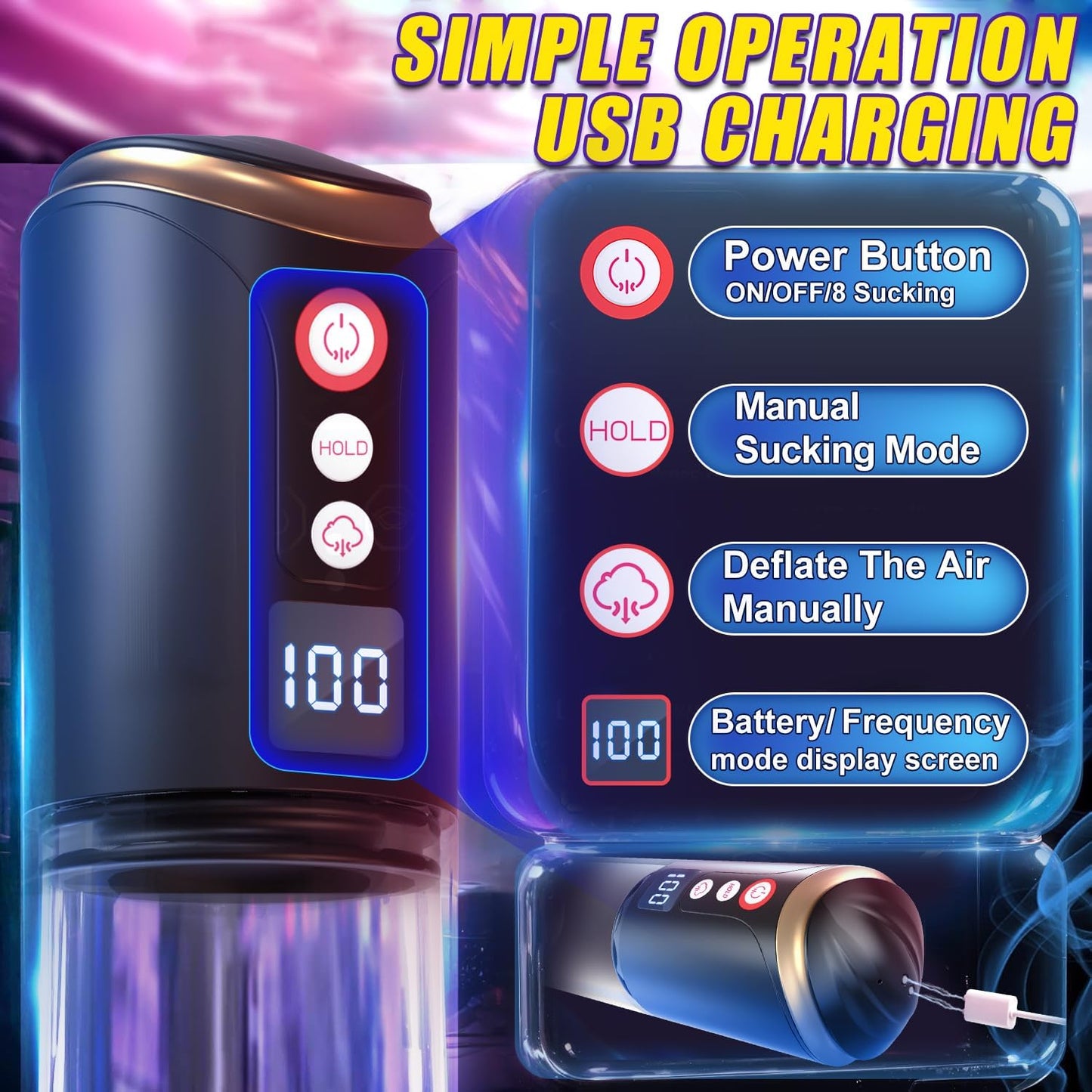 Electric Penis Pump Adult Male Sex Toys for Men, Male Masturbator Automatic Penis Vacuum 8 Suction Intensitie,Air Pressure Device Rechargeable Adult Toys Training for Men Stronger Bigger Erection - SinfulX - 