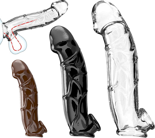 3 Sizes Penis Sleeve with Cock Ring – Soft Reusable Multi - Color Cock Sleeve Penis Extender for Added Length & Girth, Secure Fit, Sex Toys for Men & Couples - SinfulX - 