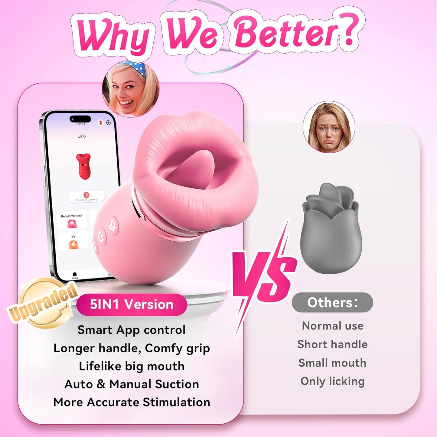 Vibrator Adult Sex Toys for Women - 5IN1 Mouth Sucking Vibrator Rose Sex Toy, 10 Tongue Licking, 3 Auto & 1 Manual Sucking Adult Toys New APP, Anal Clit Nipple Vibrators Female Couples Sex Toys - SinfulX - 