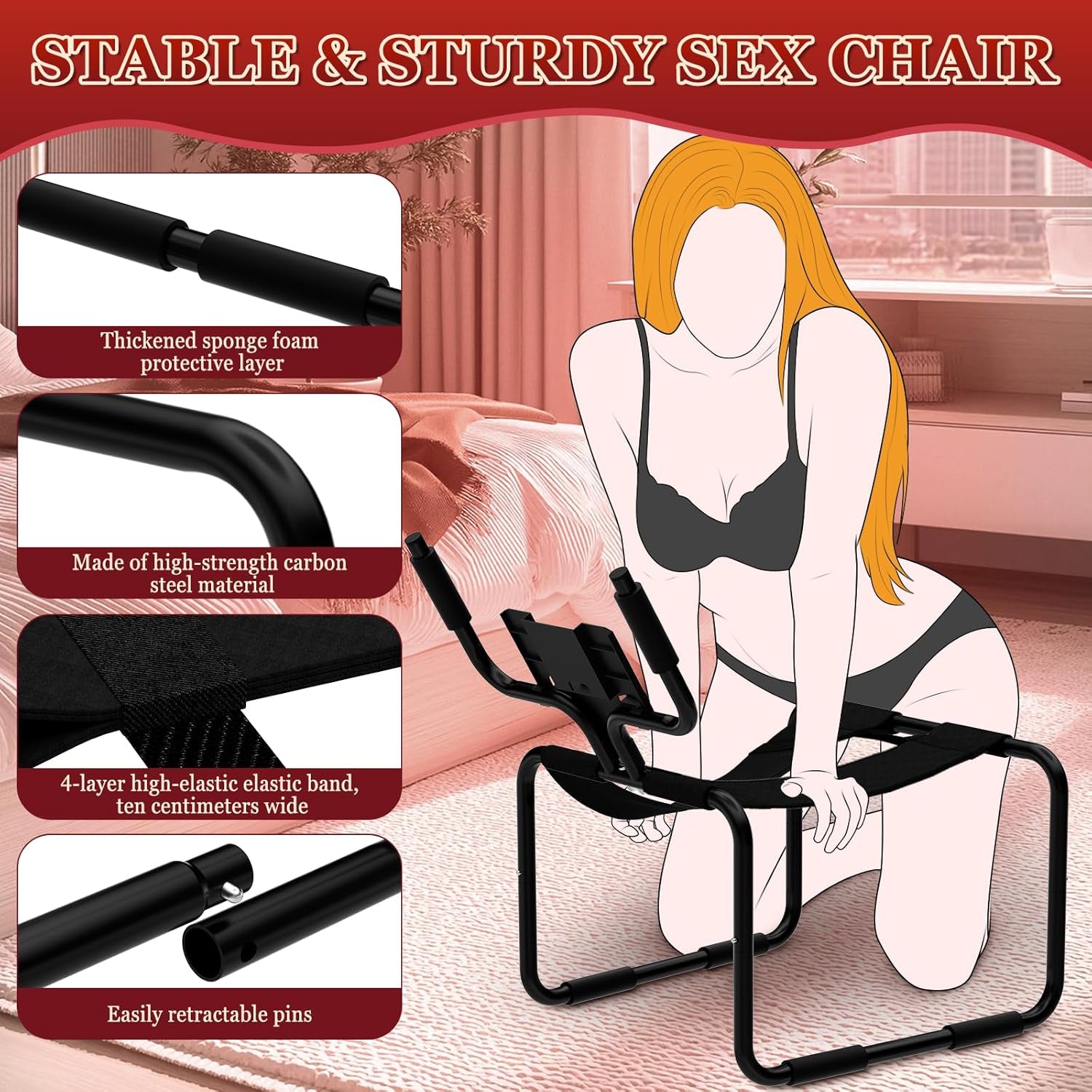 Multifunction Sex Position Enhancer Chair, Sex Stool with Adjustable Handrail&Phone Stand, Easy to Assemble, 350Lbs Weight Capacity, Sex Position Aid Bounced Sex Toys Furniture for Couples Women Men - SinfulX - 