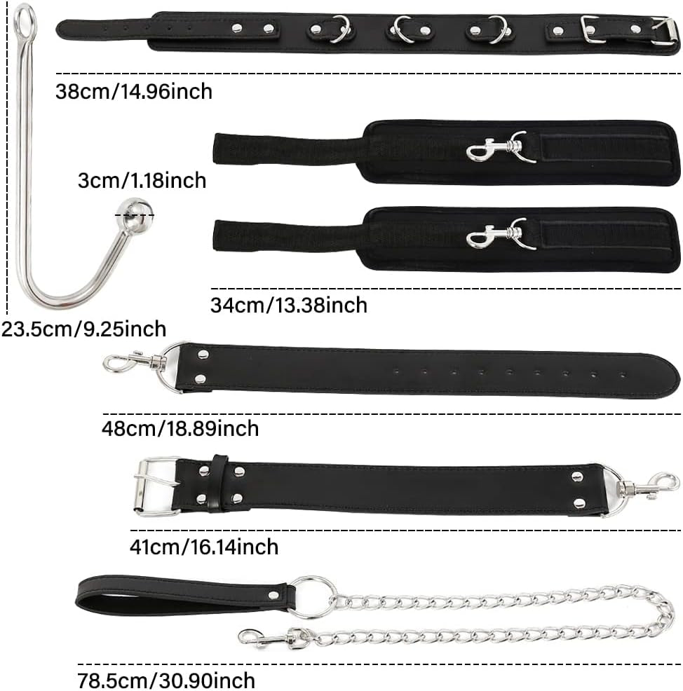 Bondage Collar Anal Hook Sex Leash Bondage Harness Set with Adjustable Handcuffs & Chain Leash Collar SM Adult Toys Sex Game Accessories (New Anal Hook Set) - SinfulX - 