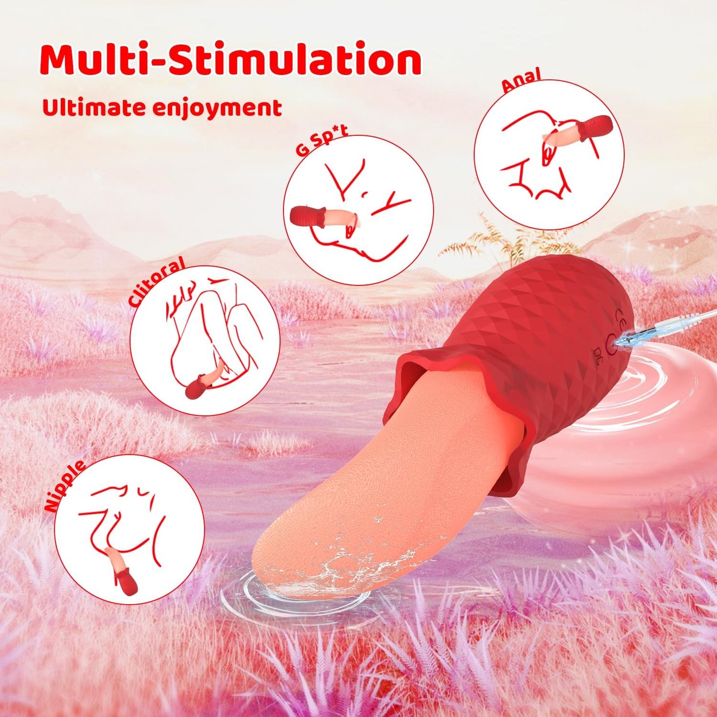 10 - Speed Rose Tongue Licking Vibrator for Women – Realistic Silicone Tongue Design,10 Vibration Modes, Waterproof USB Rechargeable Clitoral Stimulator,Quiet Discreet Adult Sex Toy for Women (Red) - SinfulX - 
