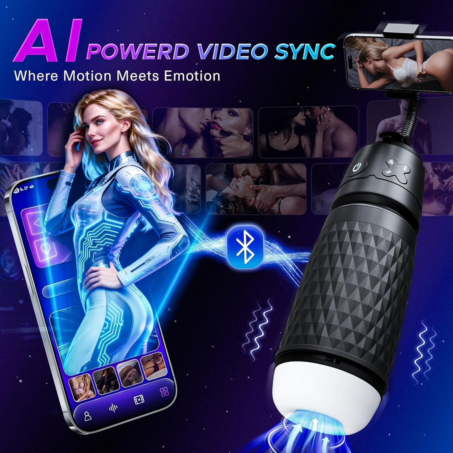 AI Powerd Video Sync Male Masturbator, Pocket Pussy Sex Toy for Men with 3 Suction & 4 Vibration Modes, Hands - Free Rechargeable Bluetooth Male Stroker Sex Machine, Realistic 3D Soft TPE Sleeve - SinfulX - 