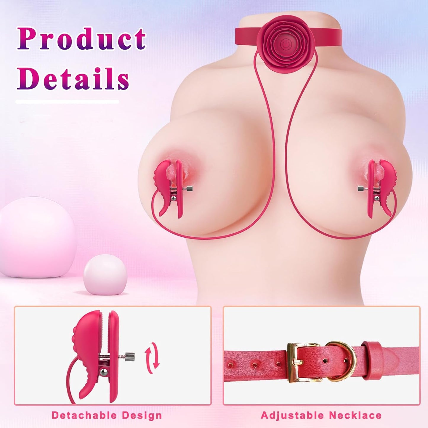 Nipple Toys Vibrator with BDSM Rose Necklace Sex Toys,  Nipple Clamps Sex Pleasure Tools for Women Couples, Adjustable Nipple Clips Vibrators with BDSM Choker Breast Flirting Stimulate