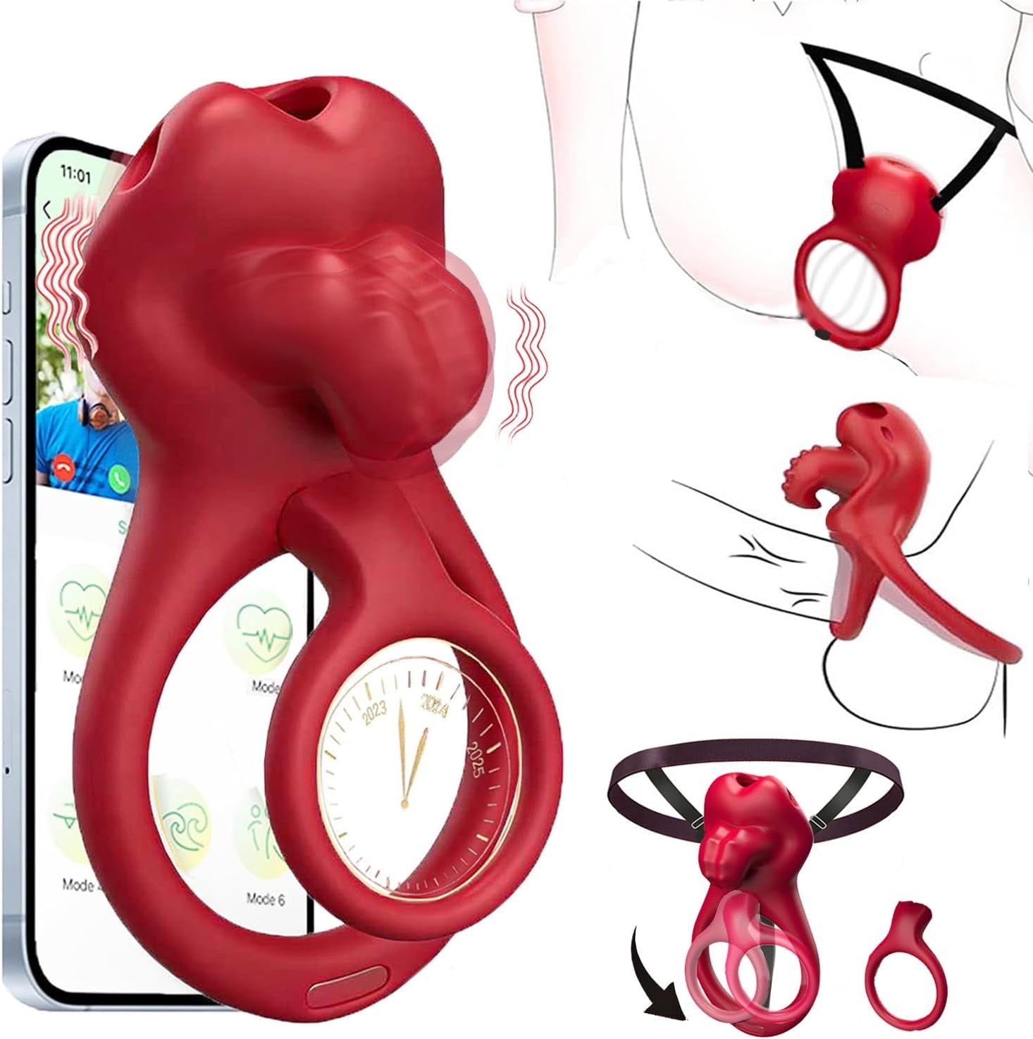 Couples Sex Toys Wearable Vibrator, Vibrating Cock Ring Clitoral Vibrator, Vibrating Panties Sex Toy, App Remote Control BDSM Vibrator Penis Ring Clitoral Stimulator Adult Toy for Men Women (Red)