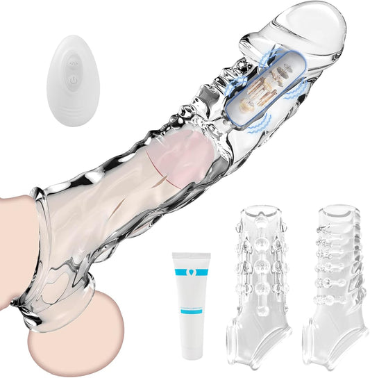 Penis Sleeve Reusable and Cock Sleeve Vibrator Set - 9 Inch Multifunctional Cock Sleeve Penis Enlarger, 3 Styles10 Vibration Modes Delay Ejaculation Enhance Erection Penis Extender Sex Toy for Couples - SinfulX - 