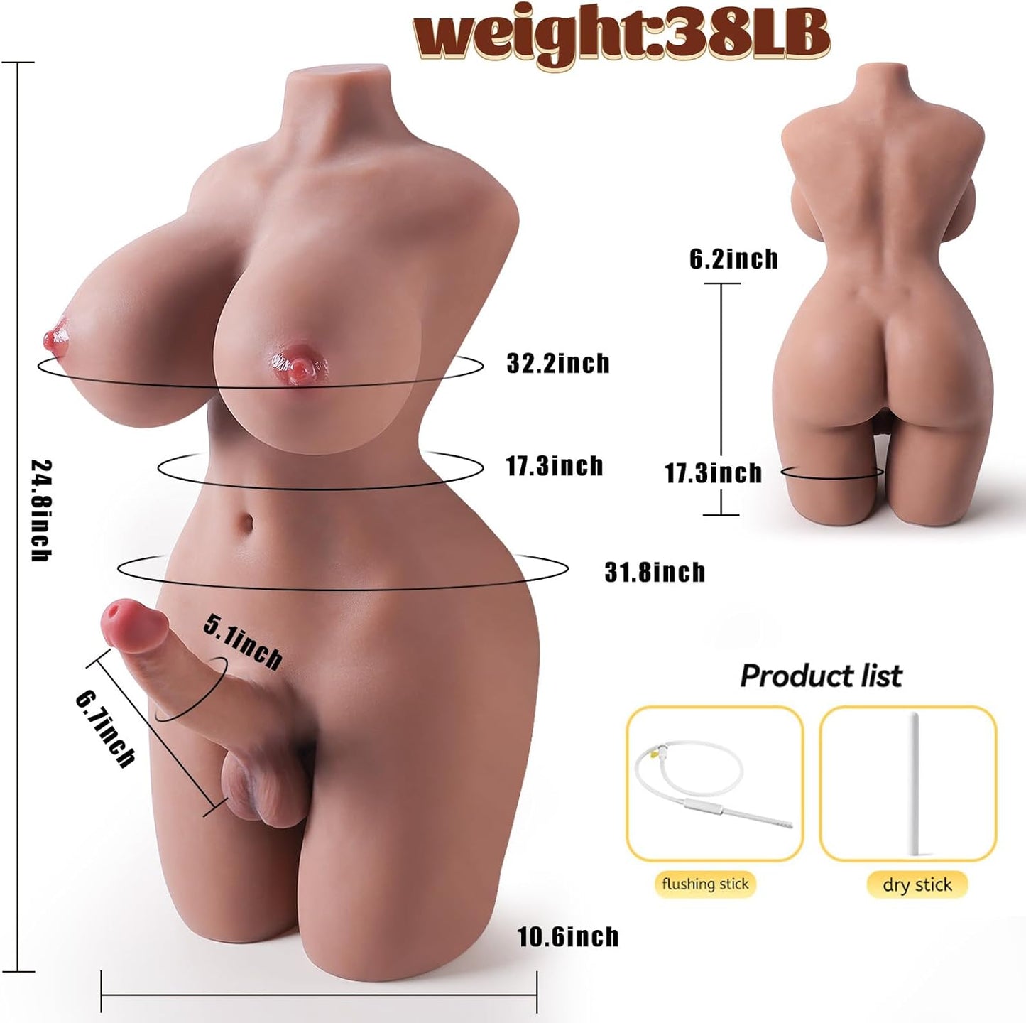 Shemale Sex Doll Torso Male Masturbators with Big Breasts and Huge Dildo, Full Size Sex Doll with Hard Cock and Tight Anal, Realistic Sex Toys with Penis for Women Men Gay Couple 38 LB Adult Toys - SinfulX - 