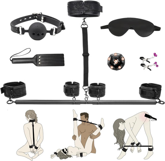 Spreader Bar BDSM Bondage Restraints Kit 11PCS Sex Toys Handcuffs Ankle Collar Cuffs Nipple Clamps Ball Gag Blindfold Paddle Dice PU Leather Lace Pattern Adjustable Adult Games for Couples - SinfulX - 