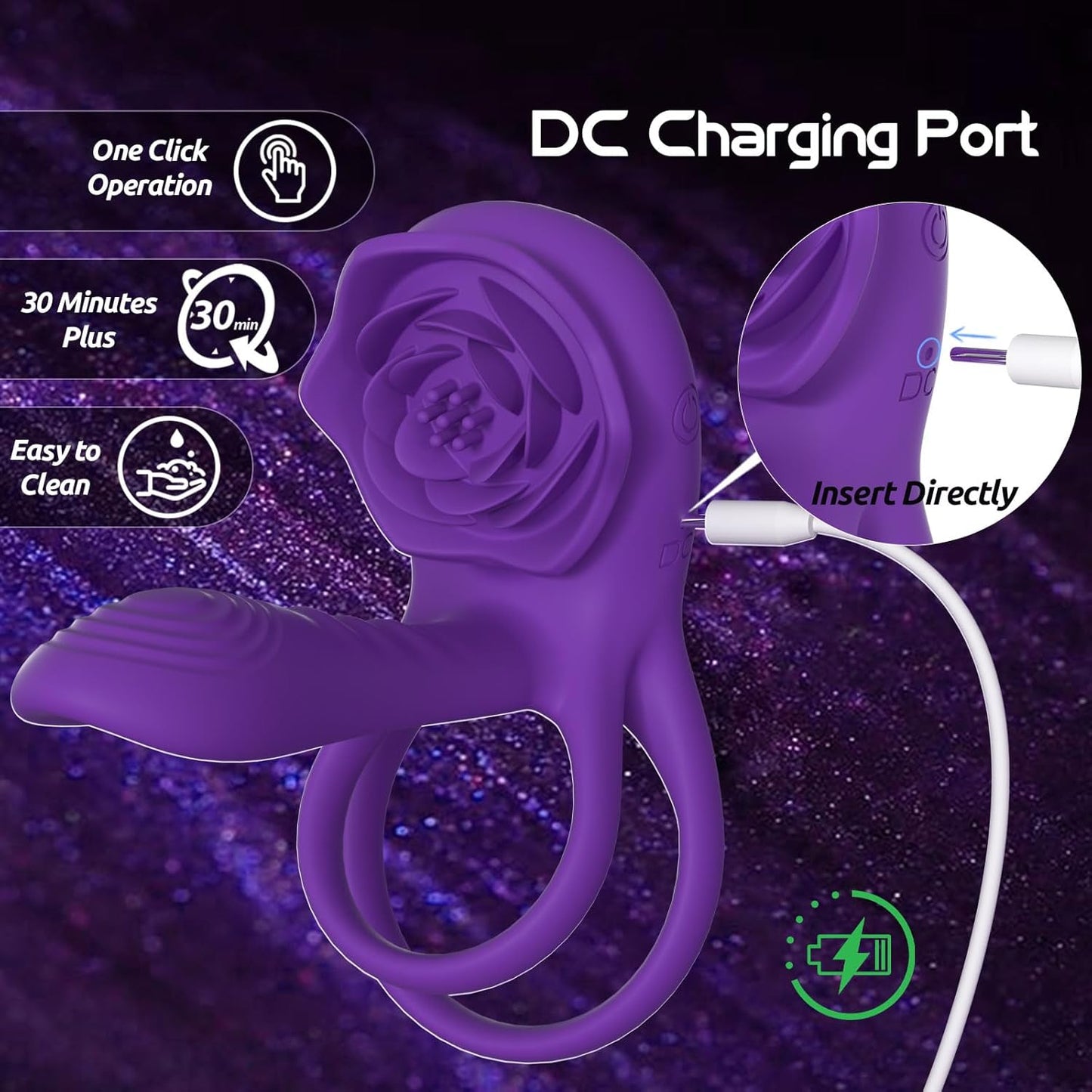 VioletPetal Rose Cock Ring Girth Sleeve Clit Vibrator 9 Modes - SinfulX - Personal Care > Sexual Wellness > Couples Cock Ring