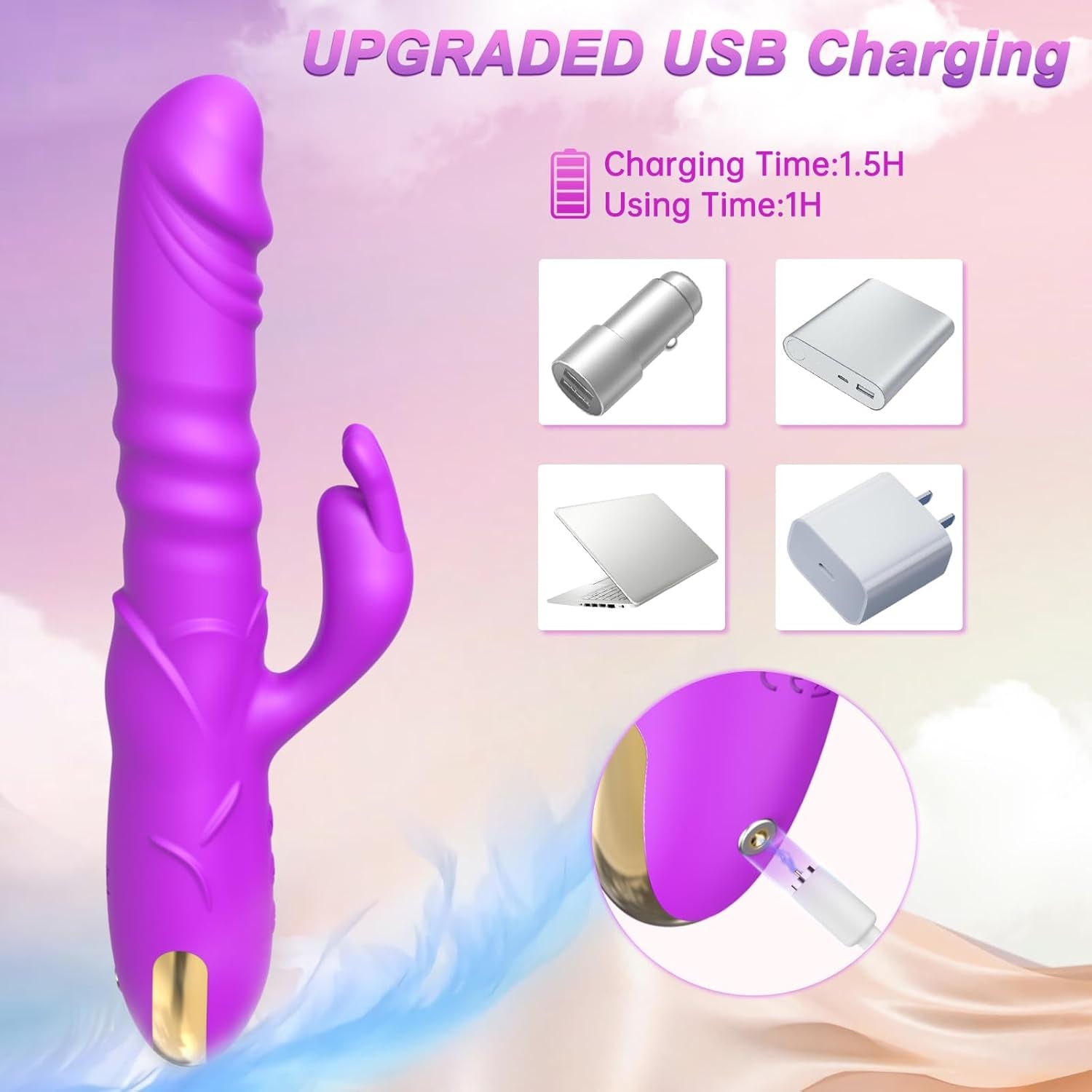 Dildo Thrusting Rabbit Vibrator, G Spot Clitoral Vibrator Dildos Waterproof & Rechargeable Realistic Silicone Vibrator with 3 Thrusting & 10 Vibrating Modes, Rose Sex Toys for Women