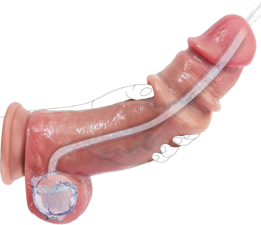 Squirting Dildo & Realistic Movable Foreskin Dildos Sex Toys, 2 in 1 Silicone Foreskin Ejaculating Toy for Vaginal Anal Play, 10" Huge Strap on Anal Dildo with Suction Cup, Sliding Skin (Flesh) - SinfulX - 