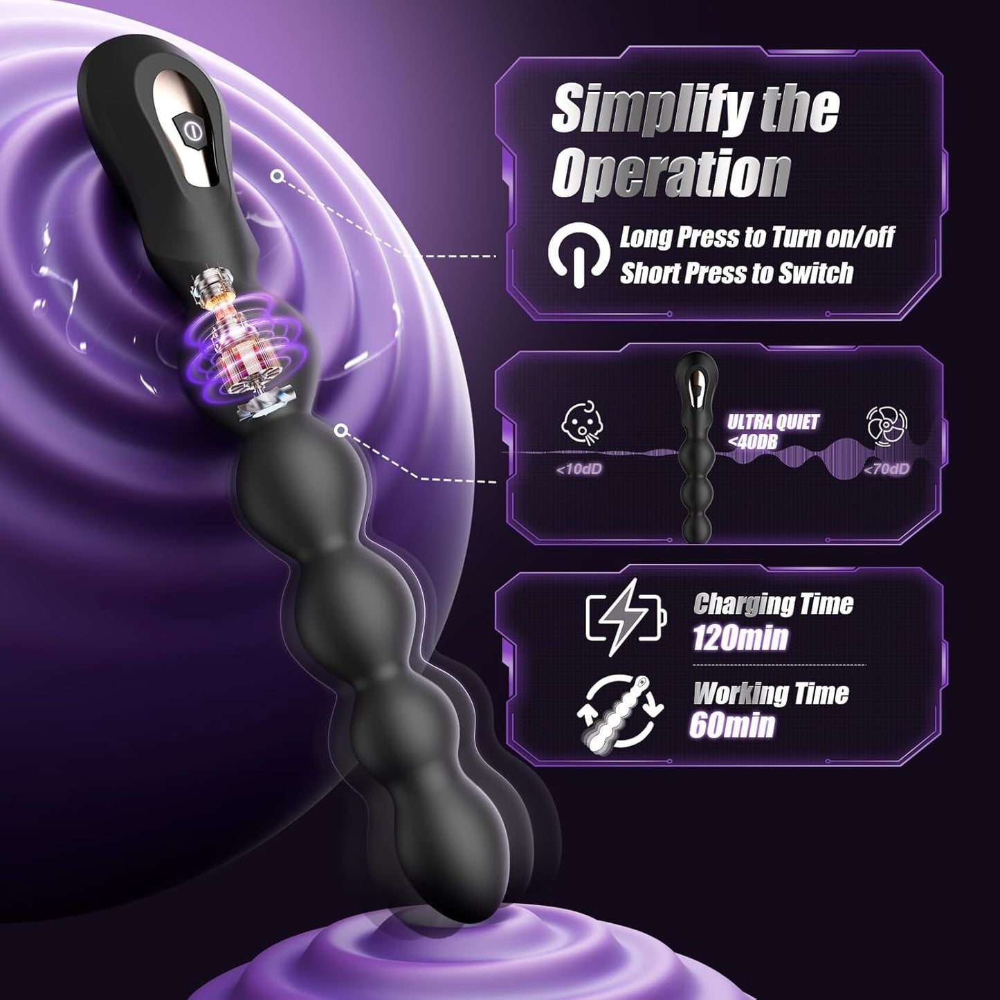 Vibrating Butt Plug Anal Beads, Large Size Anal Vibrator Prostate Massager Anal Toys with 7 Vibrating Modes, Flexible Soft Silicone Anal Plug Male Sex Toys for Men Women Waterproof Adult Toys - SinfulX - 