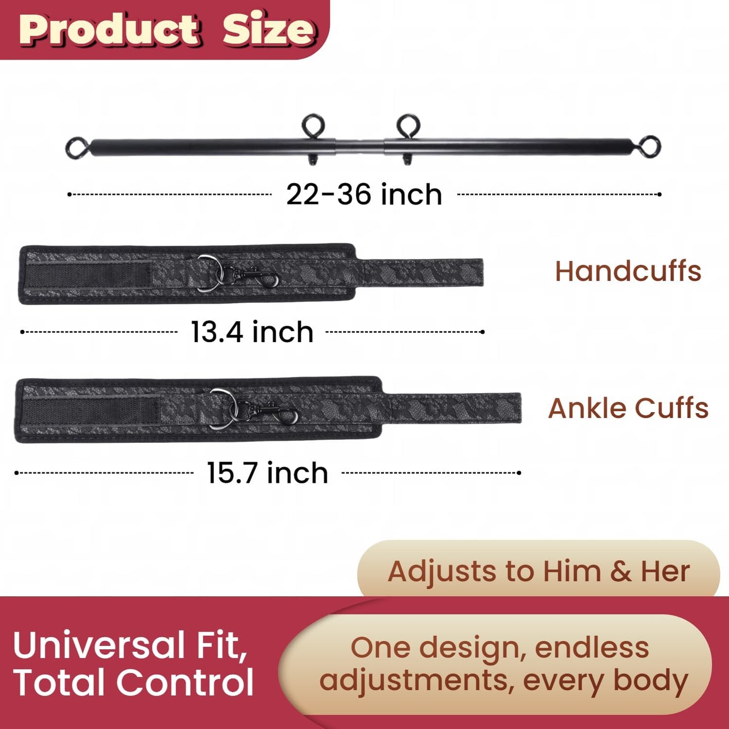 Spreader Bar Sex Toys BDSM Bondage Restraints with Handcuffs Ankle Cuffs for Couples Adults SM Games Adjustable 22 - 36 Inch - SinfulX - 