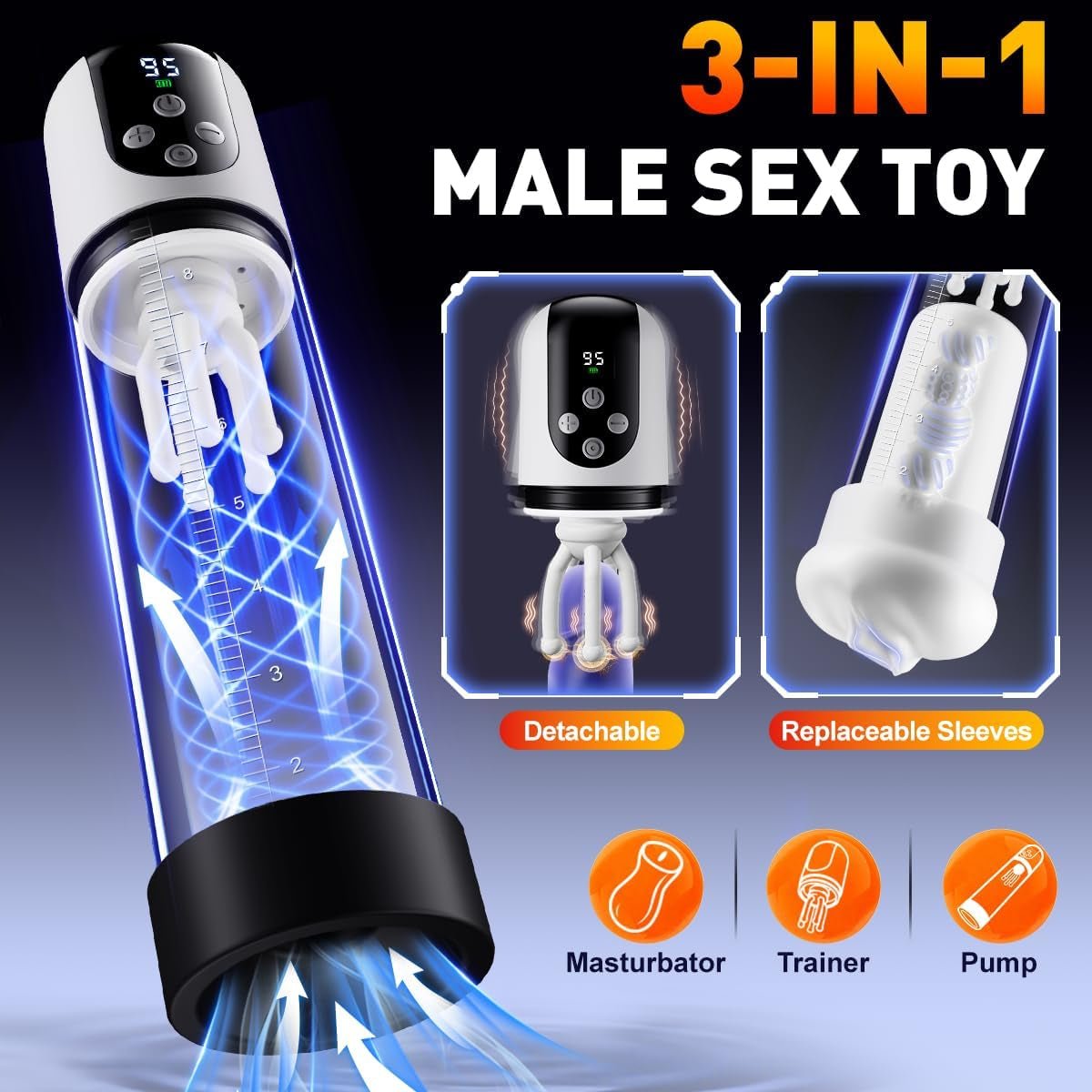 Male Penis Pump Sex Toys for Men, 3 - In - 1 Dick Enlarger Penis Extender & Male Masturbator, Detachable Glans Trainer with 5 Suction & 9 Vibration, Adult Sex Toys with Pocket Pussy for Men Masturbation - SinfulX - 