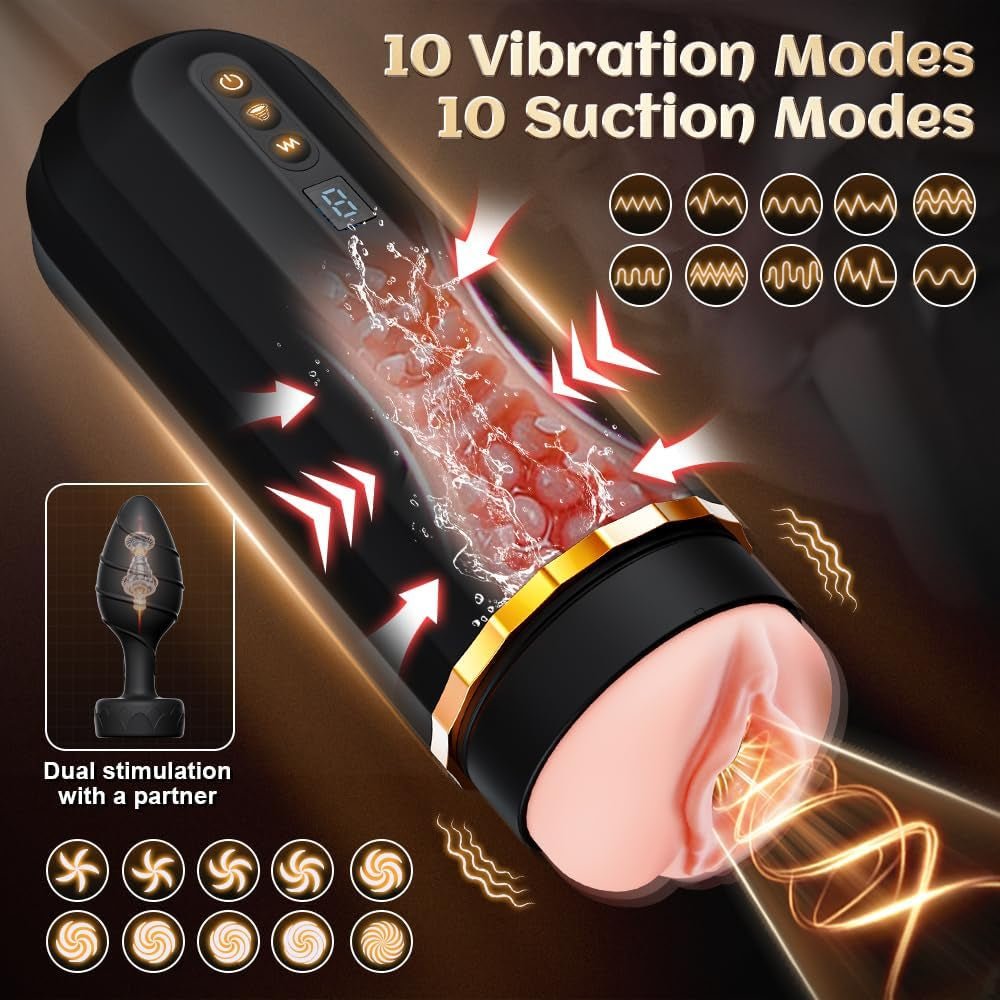 Male Masturbator Sex Toys for Men, Realistic Pocket Pussy Penis Pump with 10 Vibration & 10 Suction Modes, Adult Male Sex Toy Set Includes 1 Fleshlight & 1 Vibrating Anal Plug and 6 Cock Ring - SinfulX - 