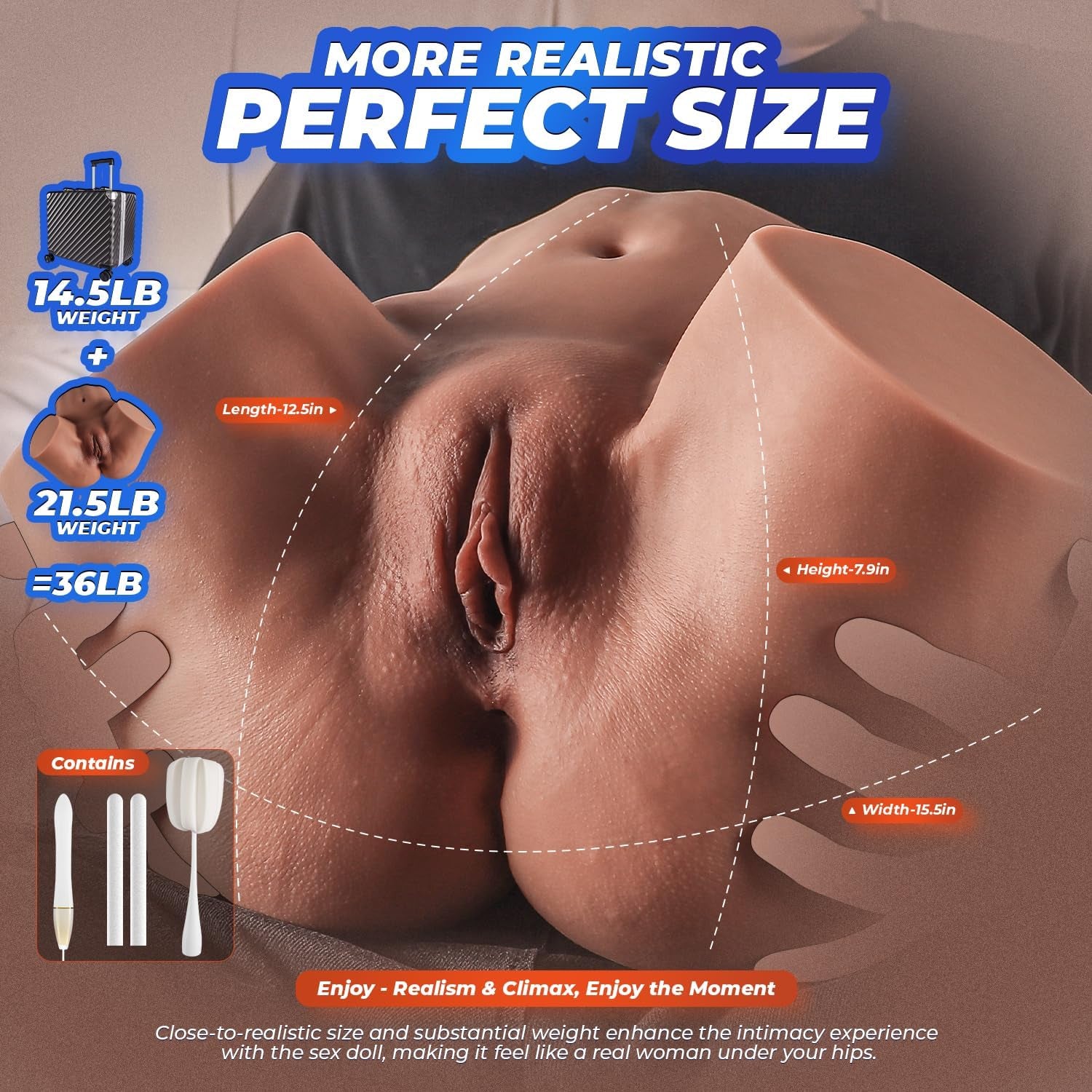 Discreet Sex Doll Male Masturbator with Luggage, Realistic Skin Texture Soft Female Big Ass & Pussy Adult Sex Toy with 2 Hole Deeper Vagina & Tight Anal, Torso Sex Dolls for Orgasm (Wheat) - SinfulX - 