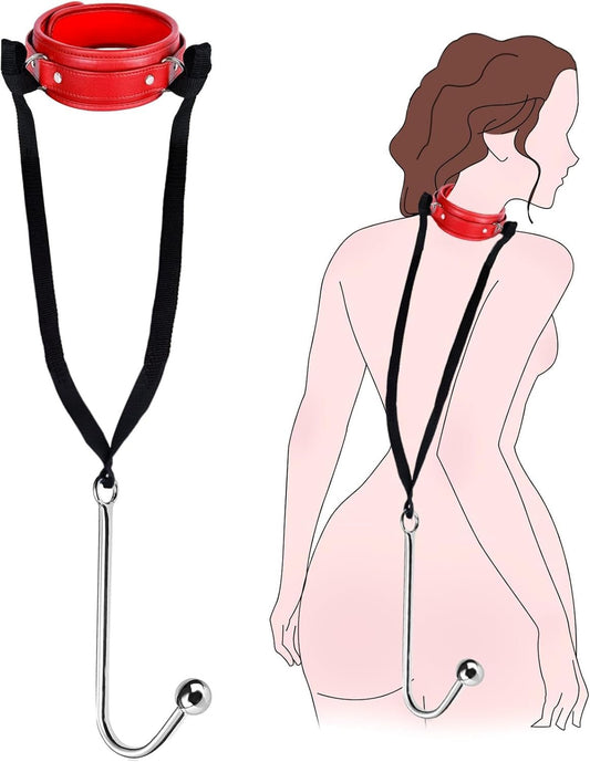 BDSM Anal Hook Sex Bondage Restraint Set with Leather Chain Leash Collar, Stainless Steel Anal Trainer Adult Sex Toys for Men, Adjustable Harness Restraints Kit for SM Couple Role Play Fetish Toy - SinfulX - 